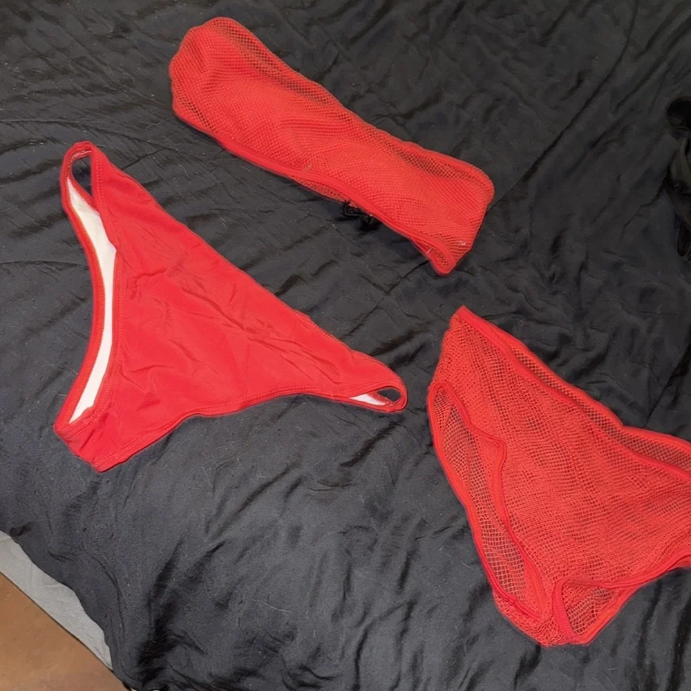 Fire Red Bikini Set w/ Lace Cover-Up – Size L – 3 Piece Set - Picture 2 of 5